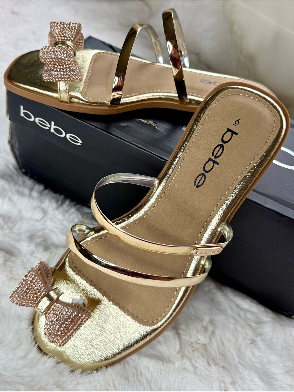 bebe Gold Metallic Bow Slide Sandals - Picture 3 of 5